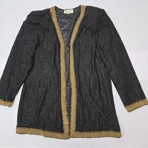 Vintage Tan Chho Black Beaded Embellished Long Jacket Blazer Womens XL